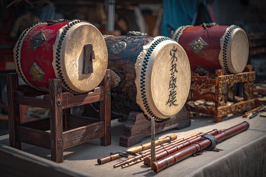 Close-up of three ornate, traditional drums with wooden stands and several woodwind instruments