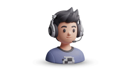 3D Cartoon Boy Character Wearing Gaming Headphones and Headset.