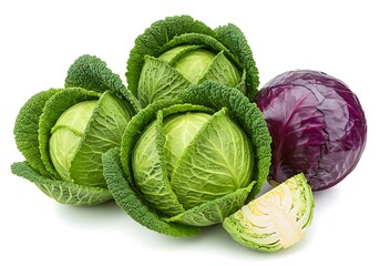 Fresh Cabbage Medley - Green, Red, and Sliced on White.