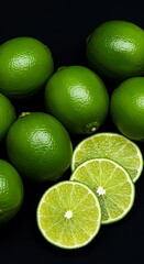 Fresh Green Limes Sliced and Whole on Black Background.