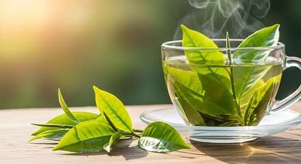 Fresh Green Tea Infusion with Leaves in Glass Cup.