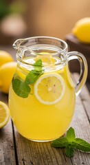 Fresh Homemade Lemonade in a Glass Pitcher with Mint Leaves.