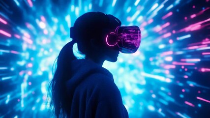 Deep immersion into an expansive digital world, a person wearing advanced virtual reality headgear glowing with neon illumination amidst cyberspace data flow - Powered by Adobe