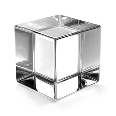 Sleek Transparent Cube: A Perfect Glass Block with Reflected Light on a Pure White Studio Background