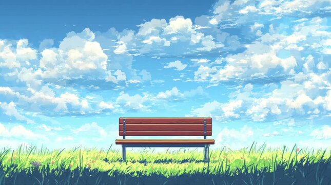 A view of a bench with beautiful white clouds. 4K animated video