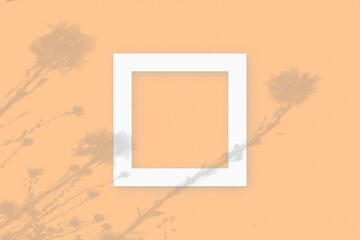 Natural light casts shadows from wildflowers on square white frame lying on an orange background. Mockup