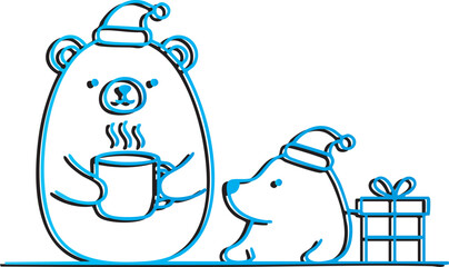 Cute cartoon bears celebrating Christmas with a hot drink and a gift, festive holiday illustration