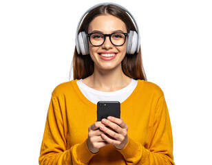 Smiling Young Woman with Headphones and Glasses Enjoying Music on Smartphone, Front View, Isolated on Transparent Background