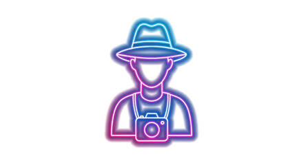 Vibrant Neon Photographer Icon with Hat and Camera Outline.