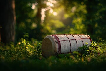 Fototapeta premium A cylindrical musical instrument rests amidst green grass, dappled sunlight, and lush foliage