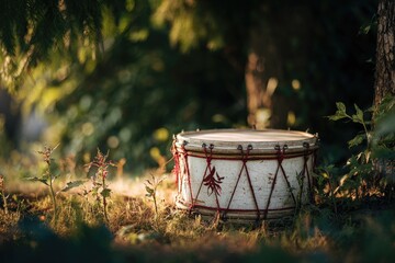 An antique drum sits in sunlit foliage, a moment captured in a peaceful natural environment