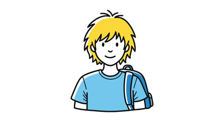 Smiling Cartoon Boy with Blonde Spiky Hair and Blue Backpack.