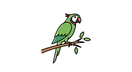 Cartoon Green Parrot Perched on a Branch with Leaves.