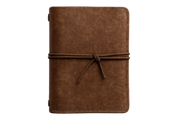 Vintage leather journal with tied suede strap, brown notebook for writing and memories, transparent background