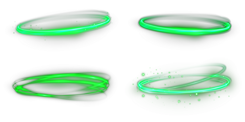 Green neon glowing ring with vortex swirl and particle light. Abstract circular motion representing speed, power, and futuristic technology on dark background.