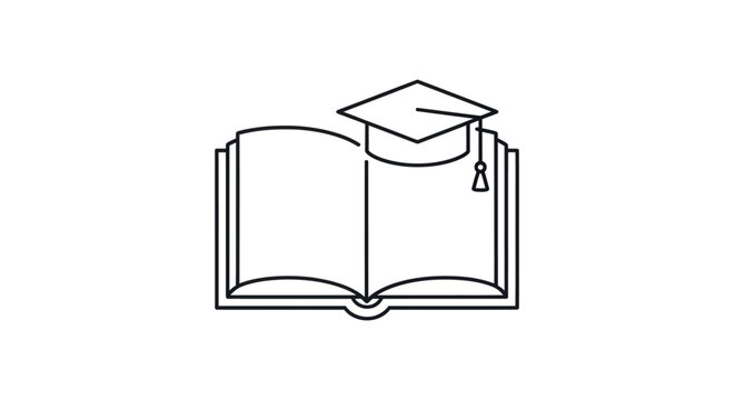 Open Book with Graduation Cap Line Art Illustration.