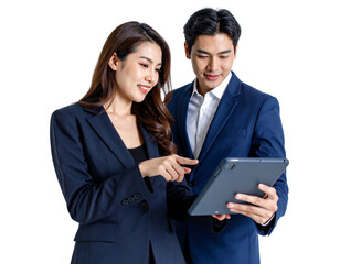  Team Collaboration with Tablet, Over-the-Shoulder Perspective, Man and Woman in Formal Office Wear, Isolated on Transparent Background