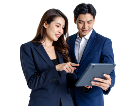  Team Collaboration with Tablet, Over-the-Shoulder Perspective, Man and Woman in Formal Office Wear, Isolated on Transparent Background