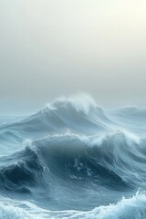 Fototapeta premium Massive turquoise ocean waves cresting and breaking with frothy white foam under a serene, bright mist-shrouded sky, capturing the raw power and majestic beauty of the sea.