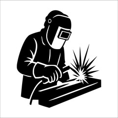 Welder silhouette performing metal welding, industrial fabrication illustration, construction and engineering concept, logo design, workshop poster, manufacturing and craftsmanship graphic