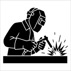 Welder silhouette performing metal welding, industrial fabrication illustration, construction and engineering concept, logo design, workshop poster, manufacturing and craftsmanship graphic