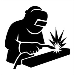 Welder silhouette performing metal welding, industrial fabrication illustration, construction and engineering concept, logo design, workshop poster, manufacturing and craftsmanship graphic