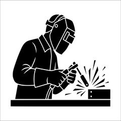 Welder silhouette performing metal welding, industrial fabrication illustration, construction and engineering concept, logo design, workshop poster, manufacturing and craftsmanship graphic