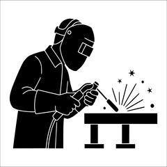 Welder silhouette performing metal welding, industrial fabrication illustration, construction and engineering concept, logo design, workshop poster, manufacturing and craftsmanship graphic