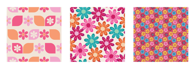 Retro and geometric Flowers seamless pattern set. 70s 60s style illustration design collection