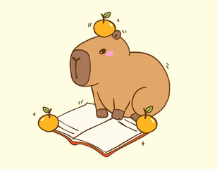 Cute Capybara Reading Book, Animal Bookish Cartoon Hand Drawn Illustration