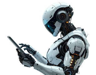 Three-Quarter Perspective of High-Tech Robot Interacting with Digital Interface, Concept of Human-Machine Interaction, Isolated on White Background