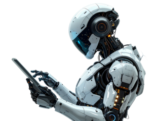 Three-Quarter Perspective of High-Tech Robot Interacting with Digital Interface, Concept of Human-Machine Interaction, Isolated on White Background