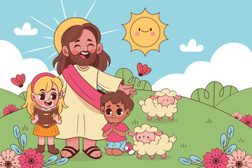 Bright religious background scene with Jesus children and lamb in cartoon style
