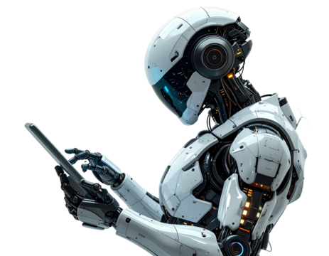 Three-Quarter Perspective of High-Tech Robot Interacting with Digital Interface, Concept of Human-Machine Interaction, Isolated on White Background