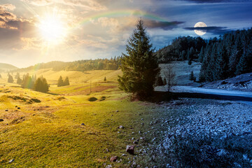 beautiful mountain landscape on autumn equinox. day and night time change concept. coniferous forest in natural park. rural valley with pastures on hills with sun and moon. amazing countryside © Pellinni