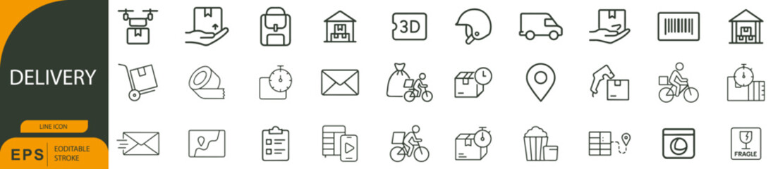 Delivery Icon Set – Symbols of Logistics, Parcel Tracking, and Express Shipping Services