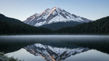 Snowcapped mountain reflected in a misty lake at sunrise - Powered by Adobe