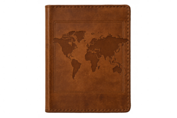Leather passport holder featuring world map, symbolizing travel, global journey, and international adventure, on transparent background