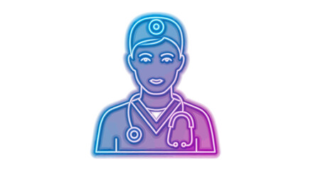 Neon Doctor Icon with Stethoscope and Headwear Blue Purple Glow.