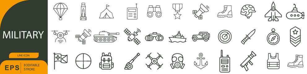 Military Icon Set – Symbols of Tactical Gear, Defense Equipment, and Armed Forces Operations