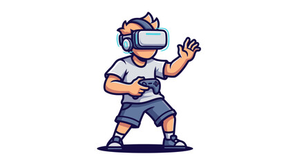 Young boy wearing virtual reality headset and holding controller.