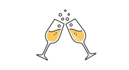 Two champagne flutes clinking with bubbly golden liquid and rising bubbles.