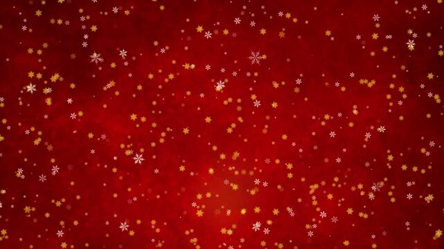 loopable red christmas background with drifting and falling golden snowflakes, festive xmas backdrop