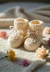 Handmade Knitted Baby Booties with Ribbed Cuffs and Ribbon Laces.