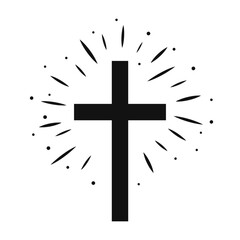 Christian cross with radiance. Sign of the cross with sunbeams. Vector symbol isolated on white background.