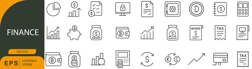 Finance Icon Set – Symbols of Money Management, Investment Tools, and Financial Growth