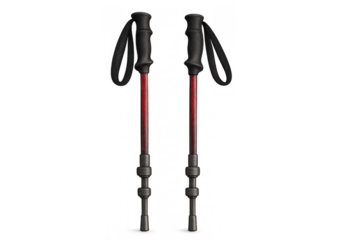 Pair of red and black hiking poles with grips and straps, ready for trekking and nordic walking, transparent background