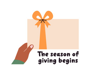 The Season of Giving Festive Gift vector Illustration with Hand and Ribbon