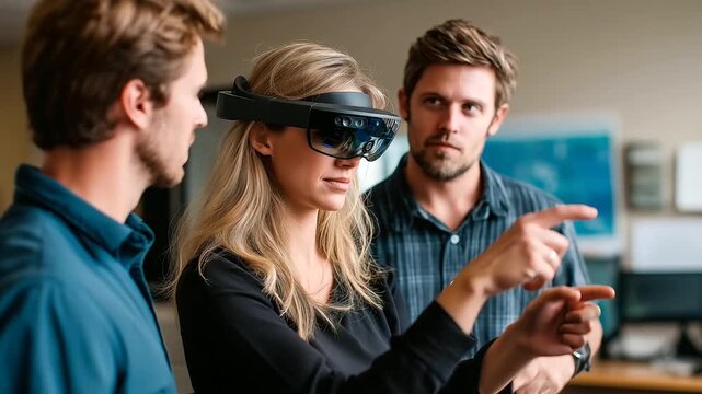 Team demonstrating self driving guide glasses in a simulated environment user navigating an obstacle course autonomous navigation wearable tech accessibility device with copy