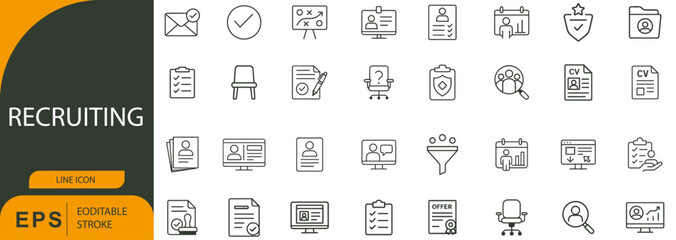 Recruiting Icon Set – Symbols of Talent Acquisition, Candidate Evaluation, and Hiring Workflow